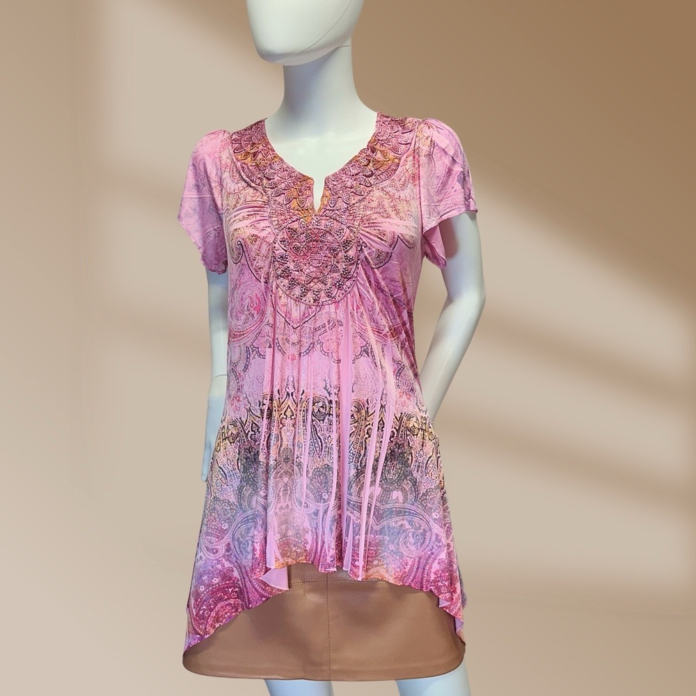 World Unity Studded Crochet Medallion Pink Boho Print Top Tunic Size Small